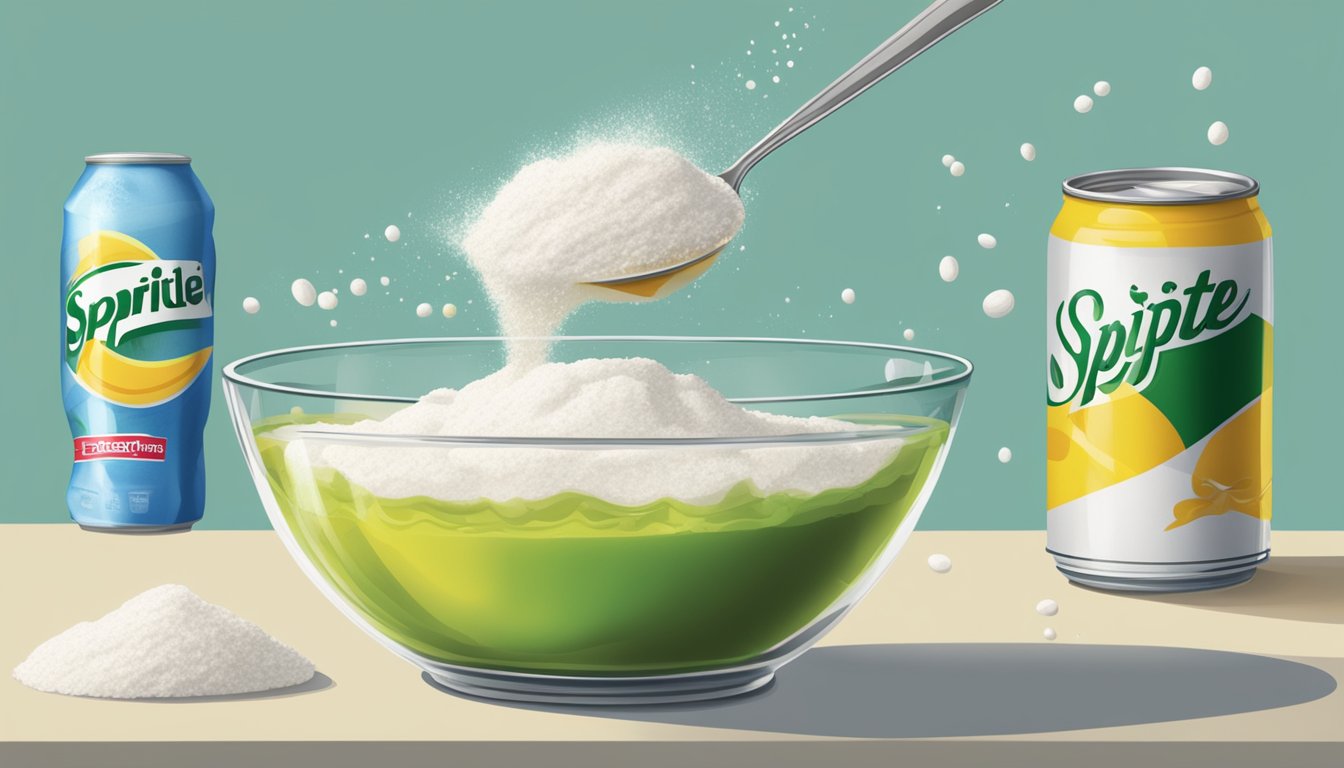 A clear glass bowl filled with frothy batter, next to a can of Sprite and a bag of flour. A whisk hovers mid-air