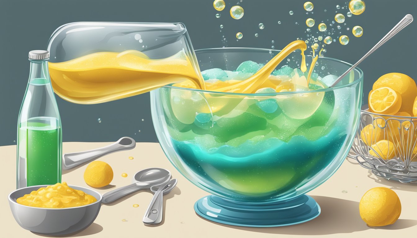 A glass bowl filled with batter, a bottle of Sprite pouring into it, creating bubbles and fizz. A whisk and measuring spoons sit nearby