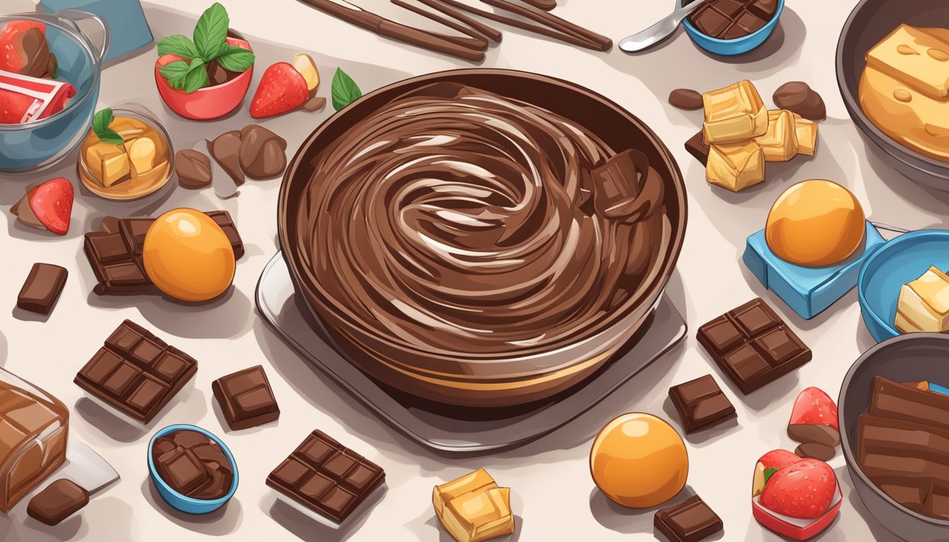 A bowl of melted Kit Kat chocolate, surrounded by various dessert ingredients and utensils, ready to be used for creating delicious chocolate desserts