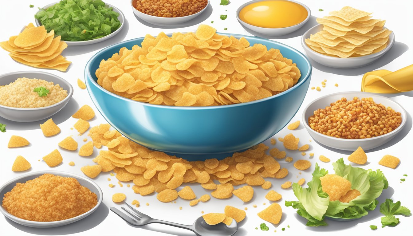 A bowl of Pringles being crushed into fine crumbs and sprinkled over various dishes, adding a crispy and flavorful topping