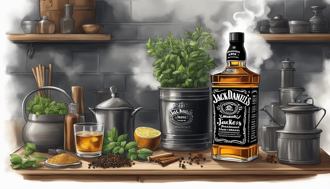 A bottle of Jack Daniel's sits next to a pot on a stove, with various herbs and spices scattered around. Steam rises from the pot as the whiskey-infused aroma fills the air