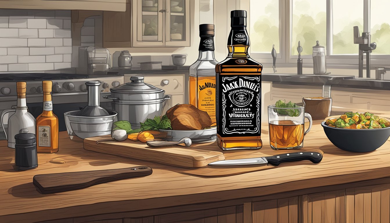 A kitchen counter with a bottle of Jack Daniel's whiskey, a cutting board, knife, and various cooking ingredients laid out for whiskey-infused dishes