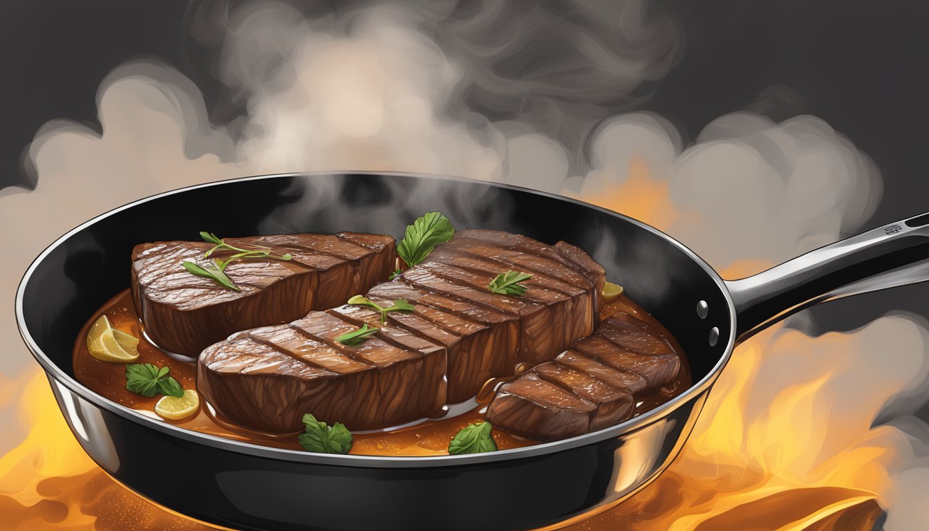 A sizzling skillet of steak marinating in a rich, caramel-colored Jack Daniel's whiskey sauce, with steam rising and the aroma of smoky, savory flavors filling the air