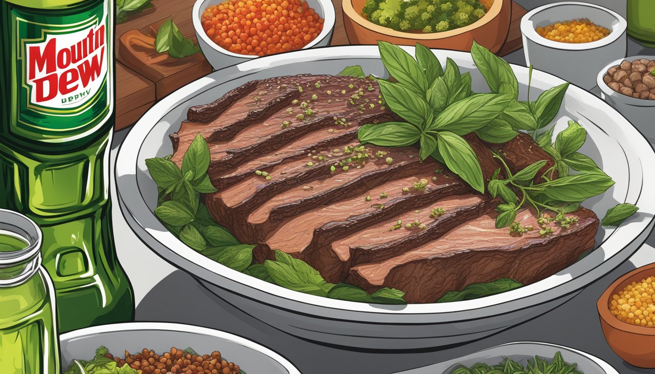 A bottle of Mountain Dew pouring over a bowl of marinating meat, surrounded by various herbs and spices