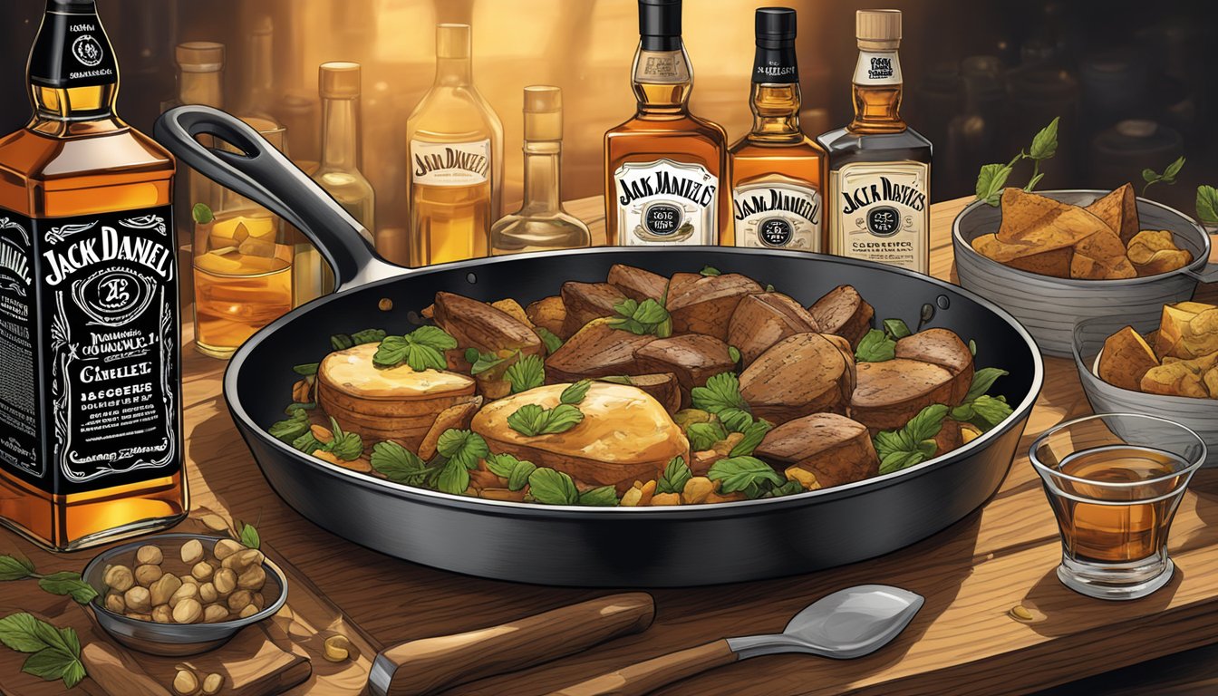 A sizzling skillet of whiskey-infused dishes, with Jack Daniel's bottles and ingredients scattered around