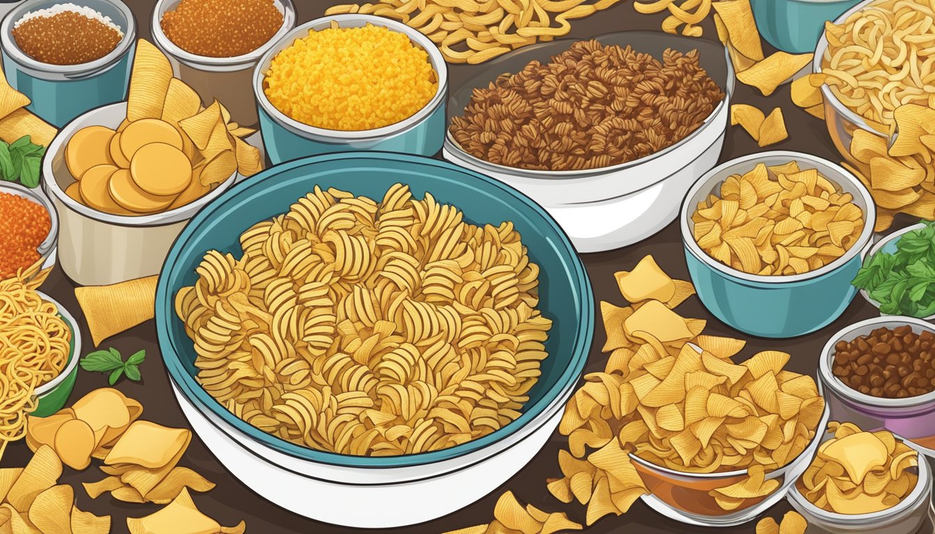 A bowl of cooked pasta with crushed Pringles sprinkled on top, surrounded by various flavor options of the chips