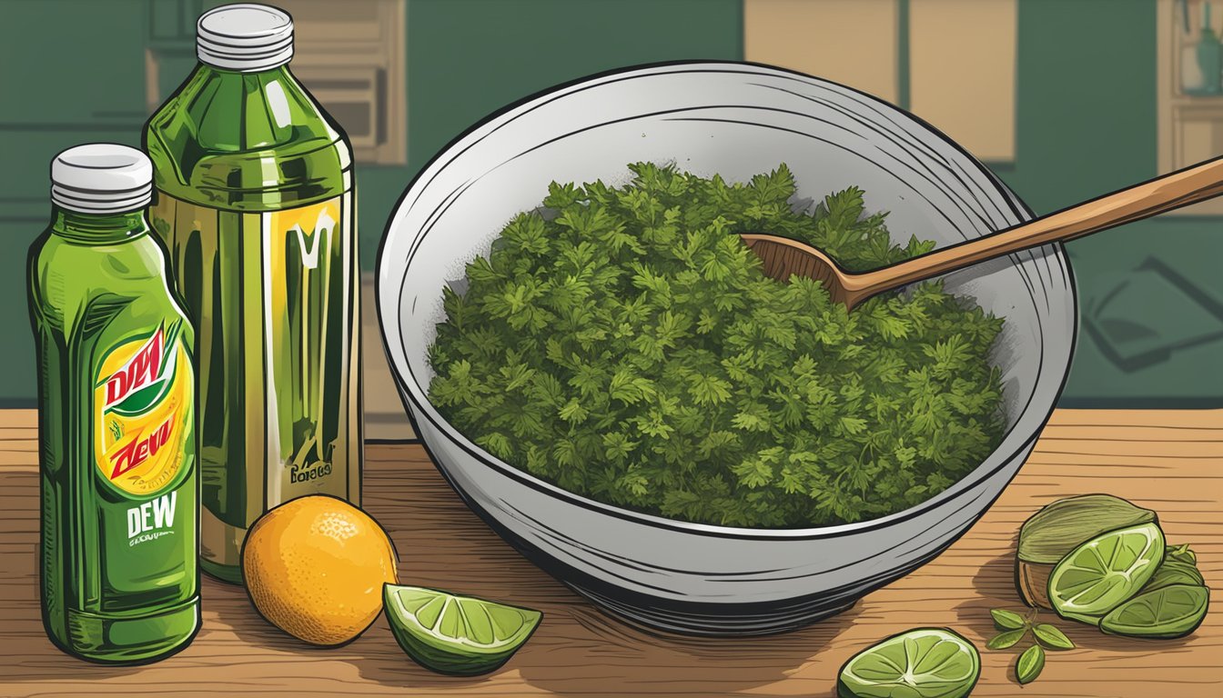 A bowl of Mountain Dew sits next to various spices and ingredients, ready to be mixed into a zesty marinade