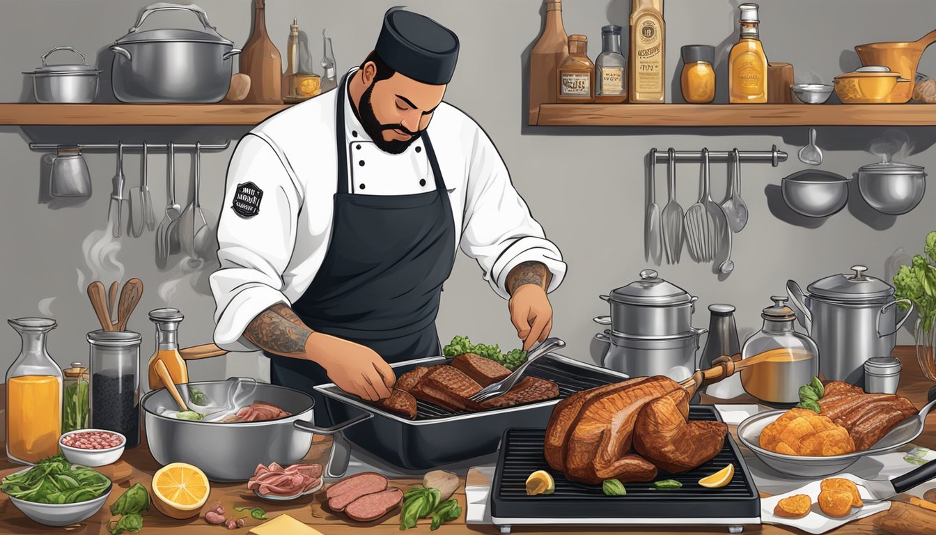 A chef pouring Jack Daniel's into a sizzling pan of meat, surrounded by various cooking utensils and ingredients