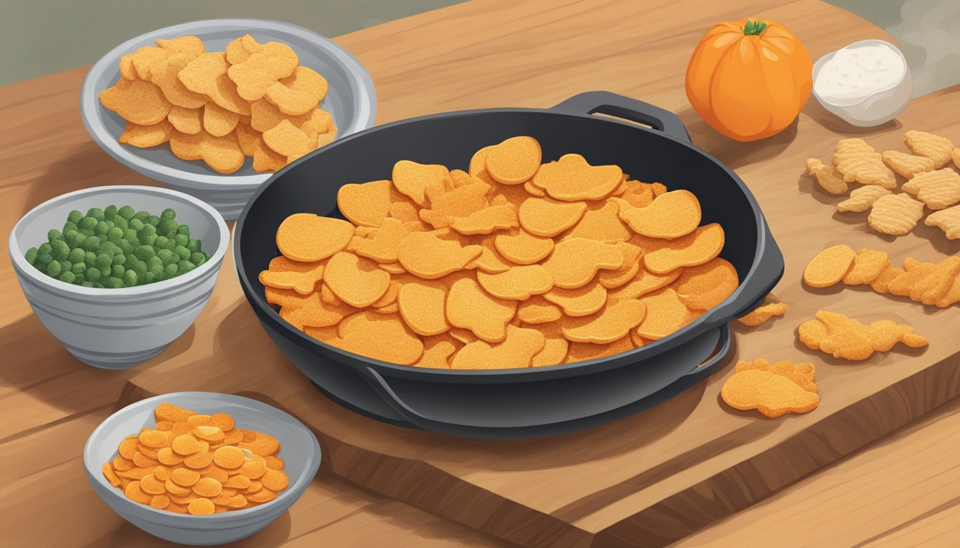 A bowl of Goldfish crackers sits next to a cutting board with ingredients. A skillet sizzles on the stove as the crackers are crushed and used to coat chicken tenders