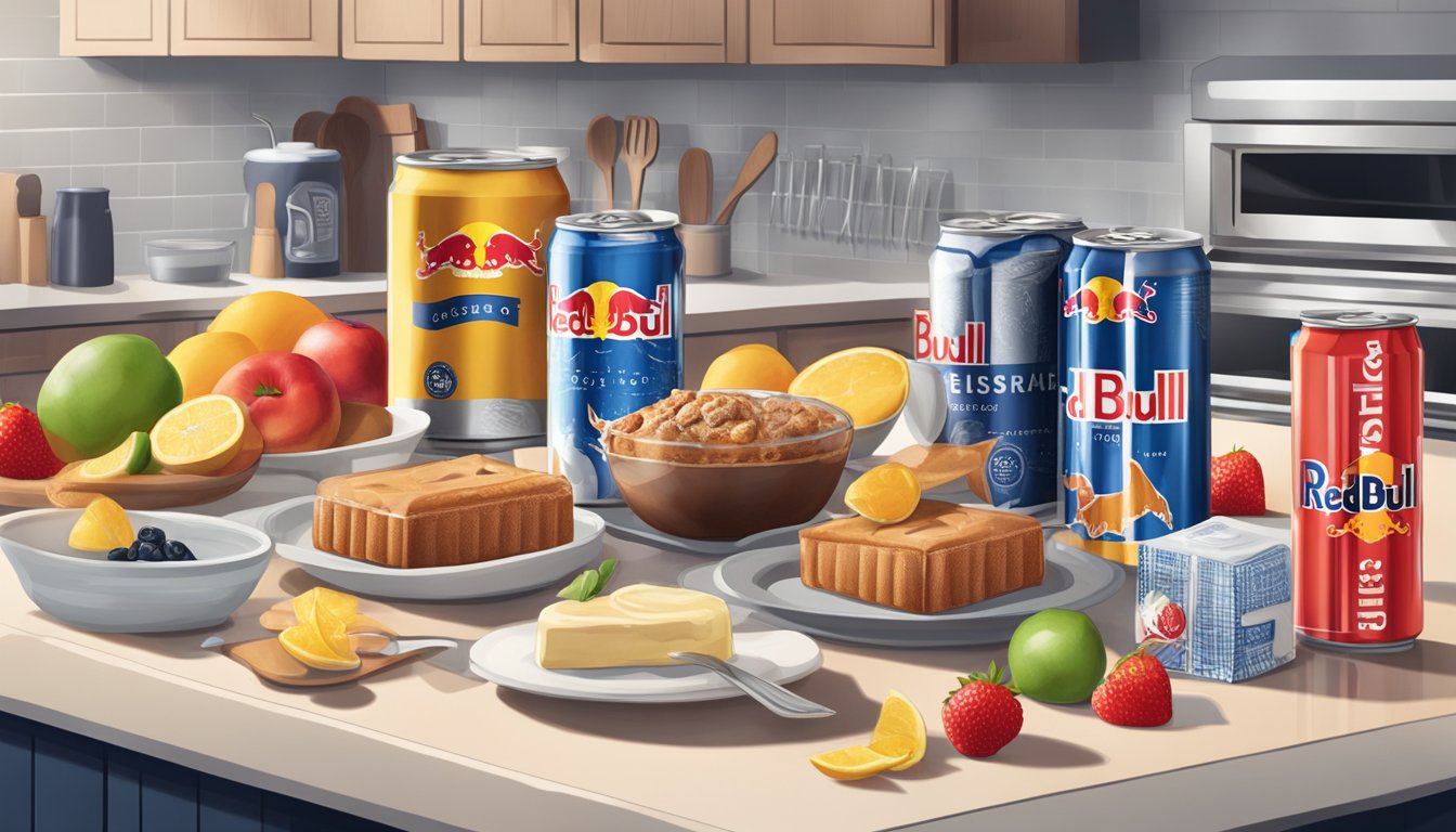 A kitchen counter with Red Bull cans, assorted ingredients, and dessert recipes spread out for selection