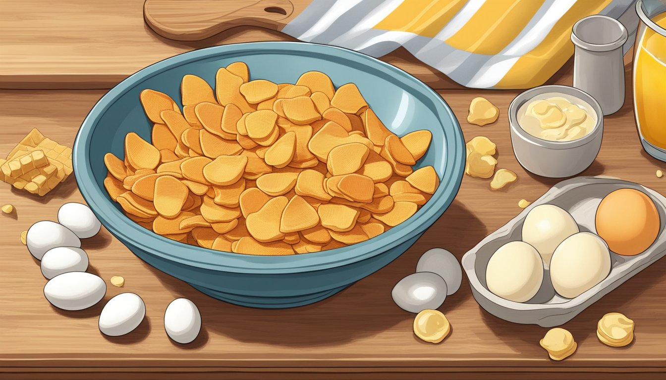 A bowl of Goldfish crackers sits next to a cutting board with fresh ingredients, a rolling pin, and a bowl of beaten eggs