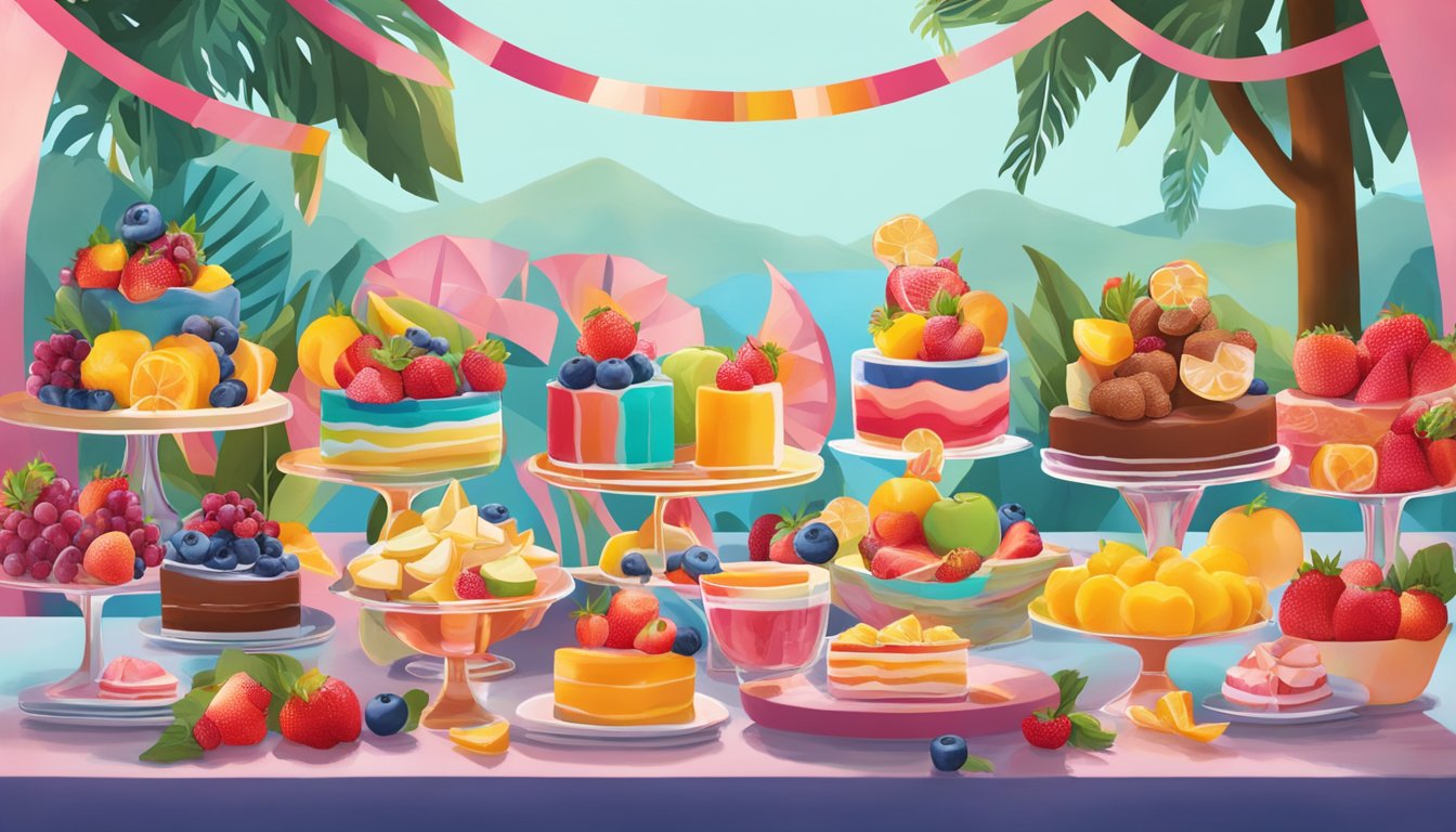 A vibrant dessert table with Red Bull-infused treats surrounded by fresh fruit and colorful garnishes