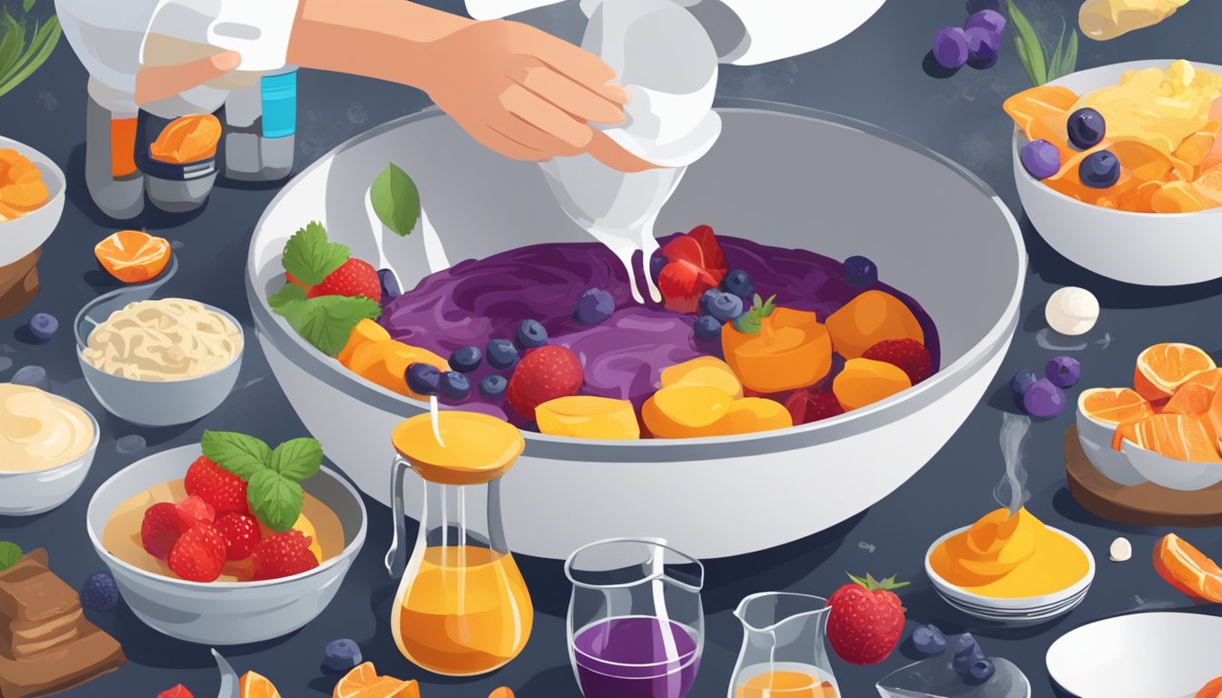 A chef pours Red Bull into a mixing bowl surrounded by various ingredients and utensils, preparing to create energizing desserts