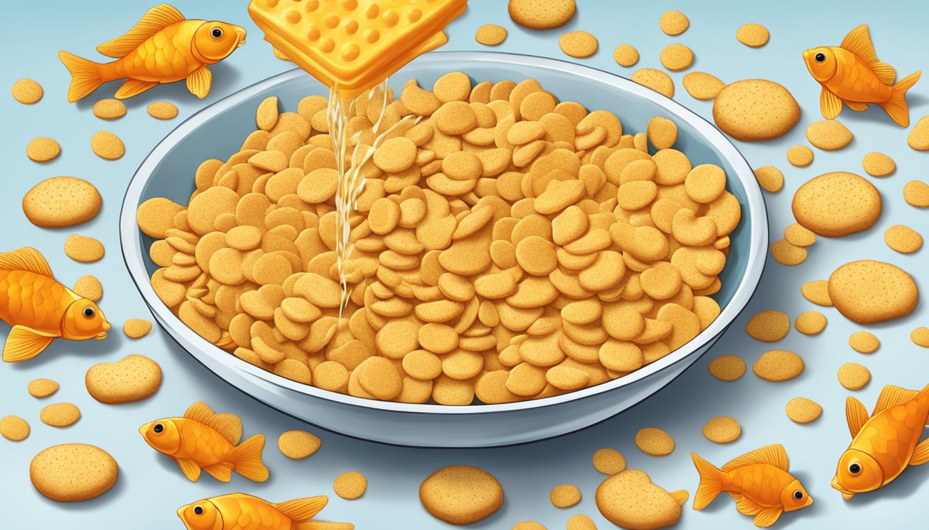 Goldfish crackers being crushed and sprinkled over a dish, adding a crunchy coating to the food