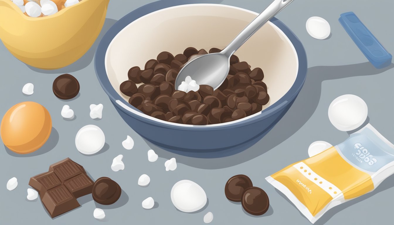 A mixing bowl filled with Hershey's Kisses, flour, sugar, and eggs. A measuring spoon and a bag of chocolate chips sit nearby