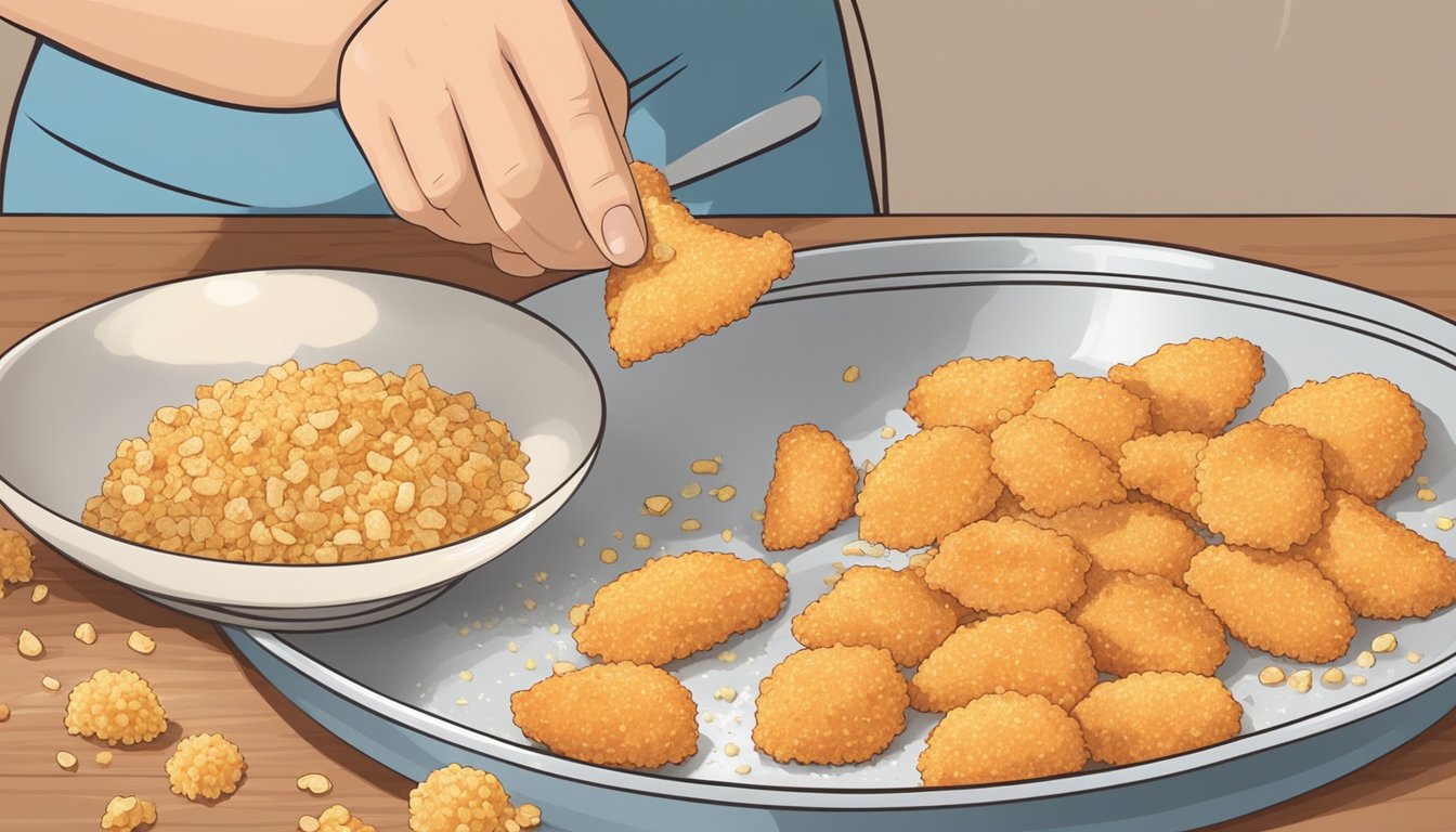 A bowl of Goldfish crackers being crushed into fine crumbs with a rolling pin, next to a plate of chicken breasts being coated in the crumbs before being baked in the oven