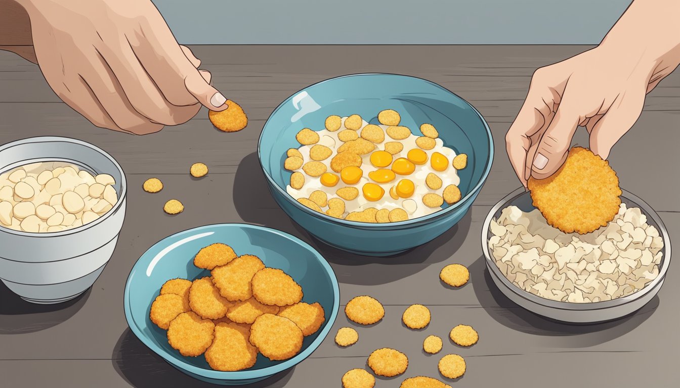 A bowl of crushed Goldfish crackers sits next to a plate of chicken cutlets. A hand dips a cutlet into a bowl of beaten eggs before coating it in the crushed crackers