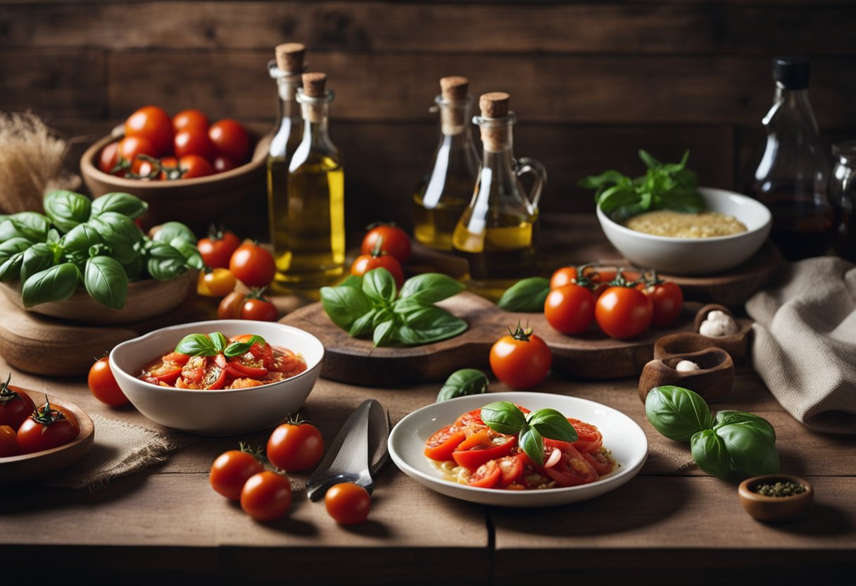 Uma cozinha rústica com uma mesa de madeira posta com pratos italianos adequados para diabéticos. Uma tigela de tomates frescos, uma garrafa de azeite e um maço de manjericão estão ao lado dos pratos.