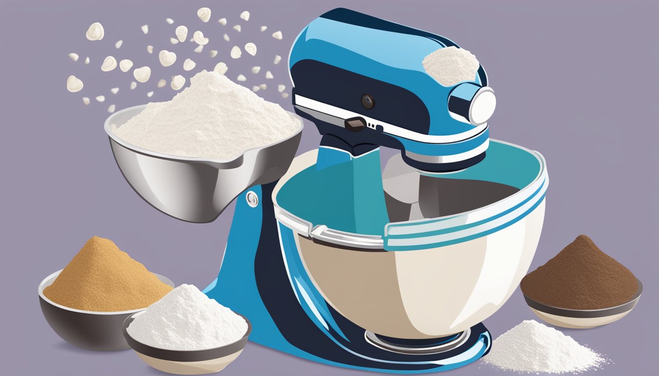 A mixing bowl filled with flour, sugar, and Hershey's Kisses. A hand-held mixer blends the ingredients together