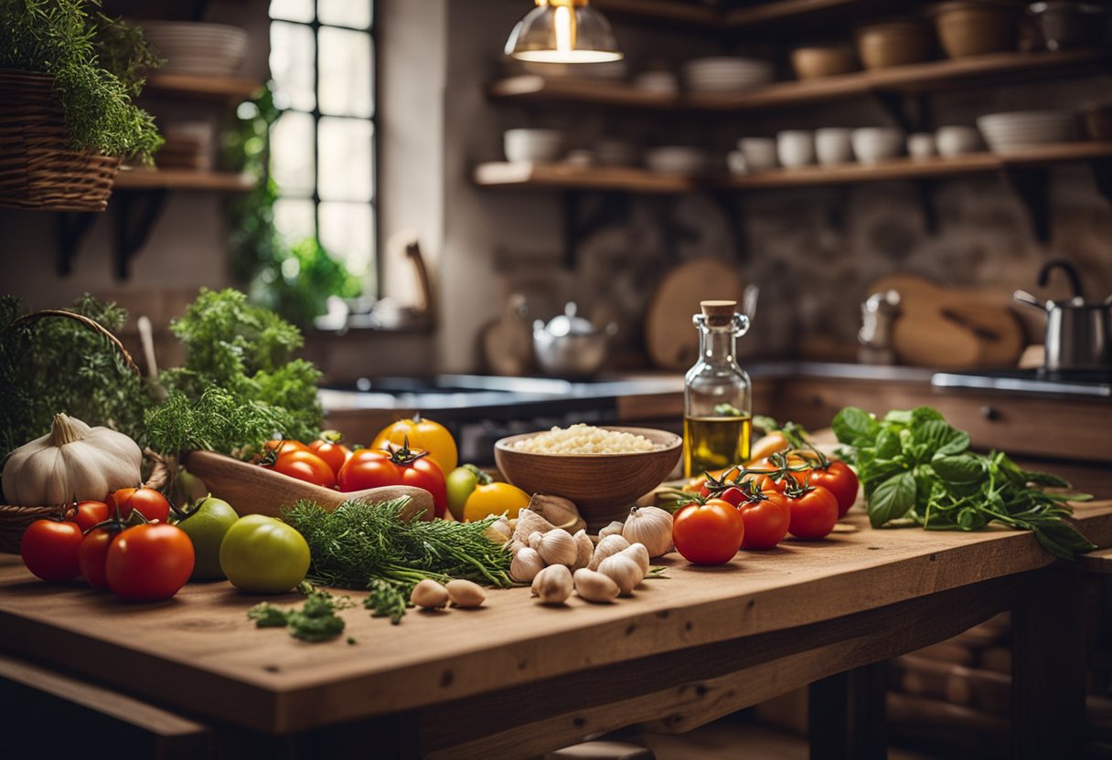 Uma cozinha rústica com uma variedade de ingredientes italianos frescos, incluindo tomates, azeite, alho e ervas, dispostos sobre uma mesa de madeira.