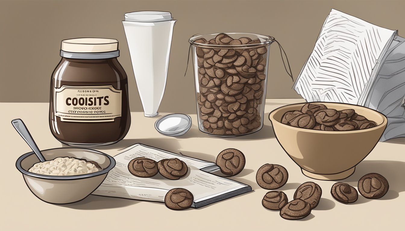 A kitchen counter with a bowl of Hershey's Kisses next to a bag of chocolate chips, a mixing bowl, and a recipe book open to a chocolate chip cookie recipe