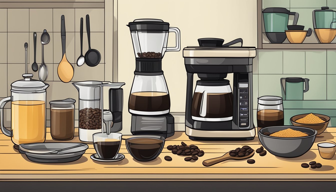 A kitchen counter with various ingredients and utensils for making coffee-flavored treats with Kahlua, including coffee beans, Kahlua bottle, mixing bowls, and measuring spoons