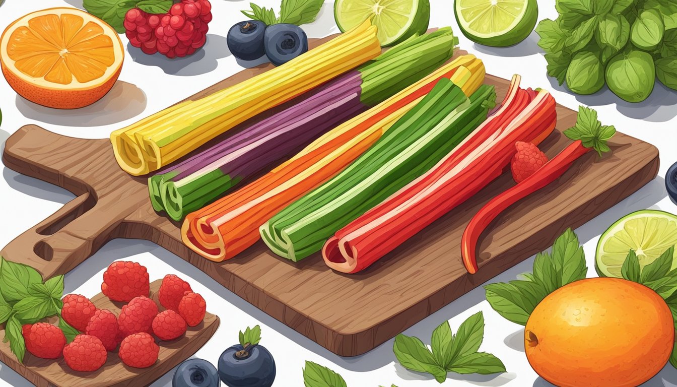 A colorful array of Twizzlers arranged on a cutting board, surrounded by various fruits and herbs, ready to be sliced and used as vibrant garnishes