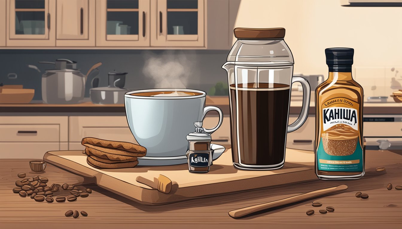 A steaming cup of coffee sits next to a bottle of Kahlua, surrounded by various baking ingredients and utensils on a kitchen counter