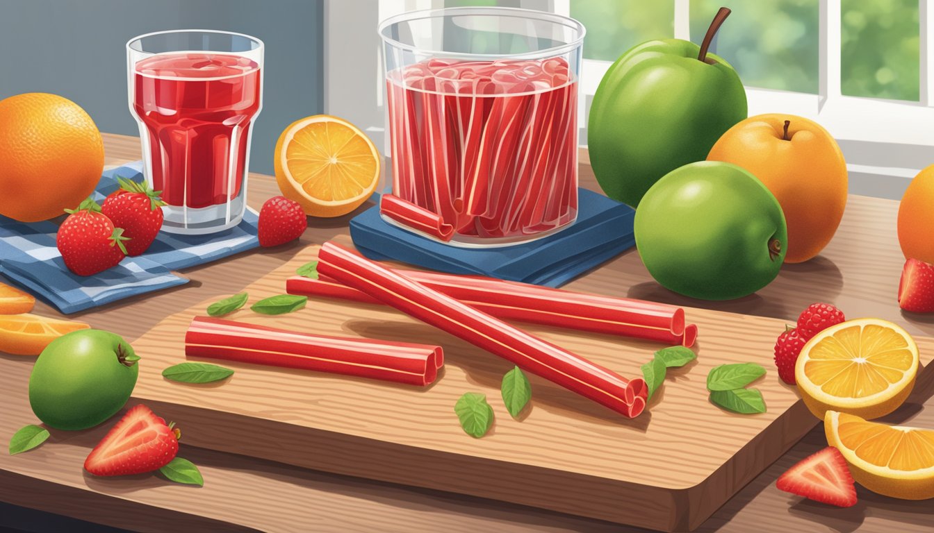 Twizzlers being sliced into thin rounds and placed on a cutting board next to various fruits and drinks