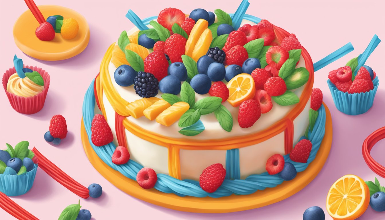 Twizzlers being used to decorate a freshly baked cake with colorful fruity garnishes