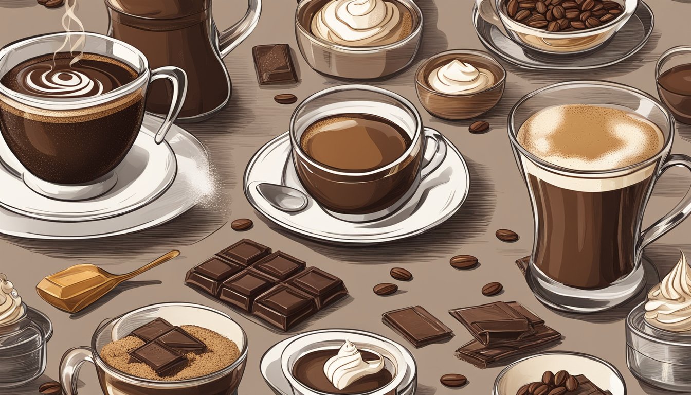 A steaming cup of coffee sits next to a bottle of Kahlua, surrounded by ingredients like chocolate, vanilla, and sugar