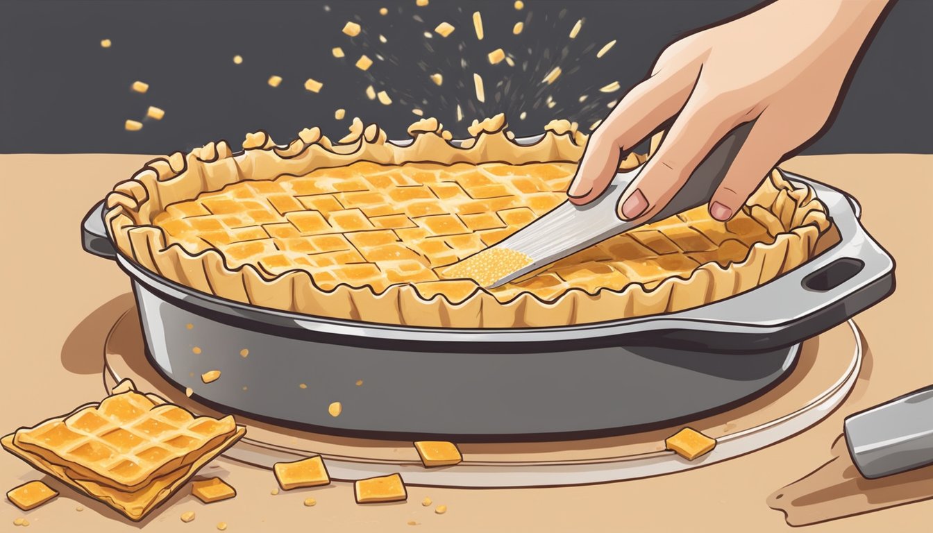 A hand sprinkling crushed Cheez-Its onto a pie crust before baking