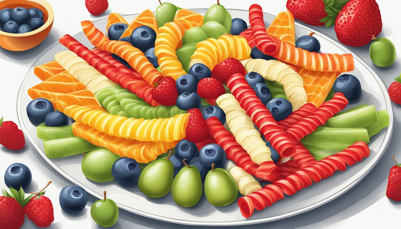 A colorful array of Twizzlers intertwined with fresh fruit slices, arranged on a festive platter