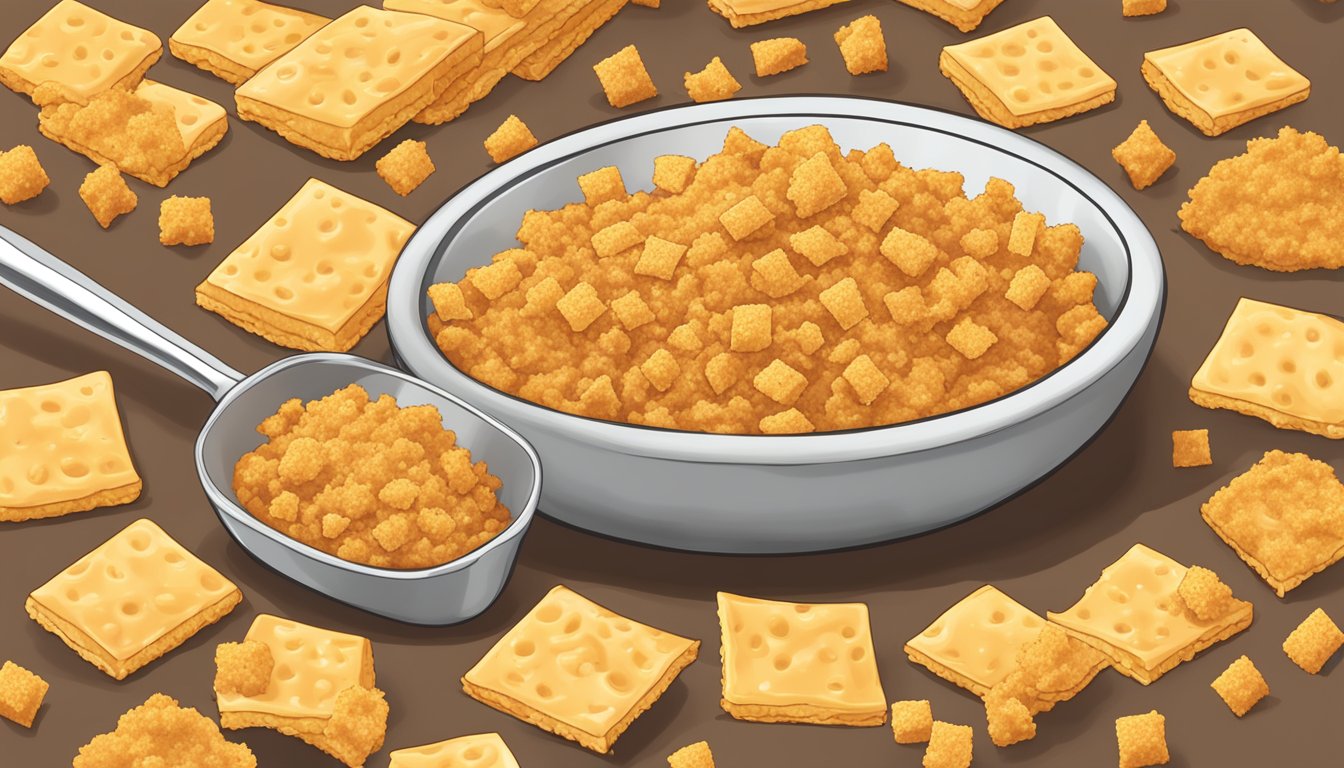 A bowl of Cheez-Its crushed into crumbs, scattered over a dish of seasoned meat, ready for baking