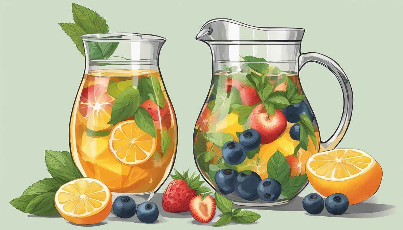 A glass pitcher of Arizona Iced Tea surrounded by fresh fruits and herbs, with a mixing bowl and whisk nearby