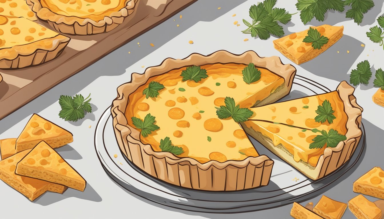 A hand reaching for a freshly baked quiche with a golden, crispy Cheez-It crust, surrounded by scattered Cheez-Its and a sprinkle of fresh herbs