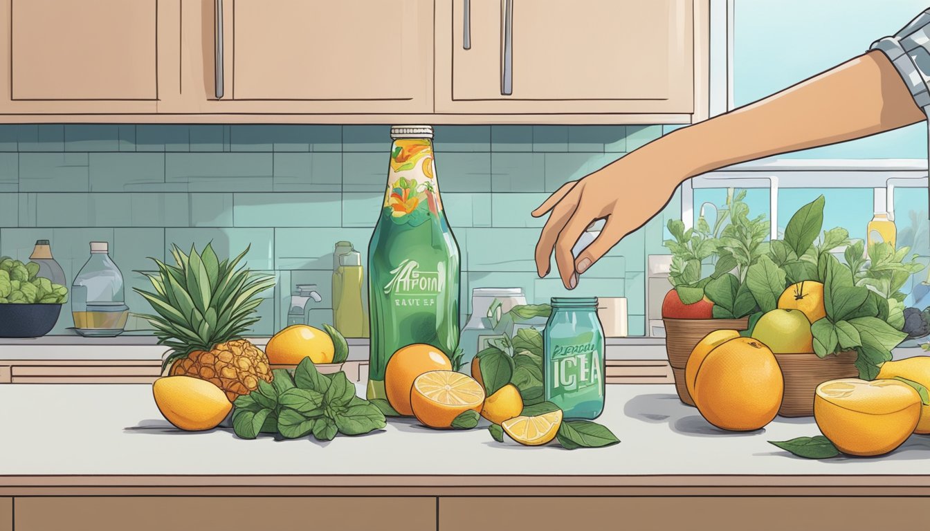 A hand reaching for fresh fruits and herbs next to a bottle of Arizona Iced Tea on a kitchen counter