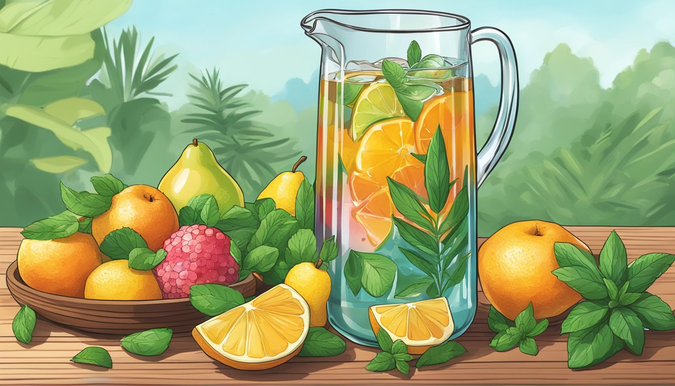 A glass pitcher filled with Arizona Iced Tea sits on a wooden table, surrounded by fresh fruits and herbs ready to be used for marinade