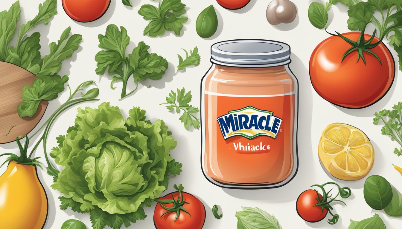 A jar of Miracle Whip surrounded by fresh ingredients like tomatoes, lettuce, and herbs, with a mixing bowl and whisk nearby