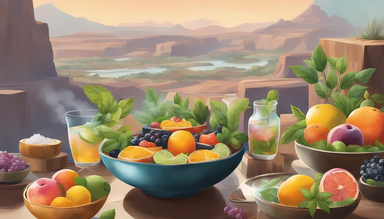 Fruits and herbs steep in Arizona Iced Tea, steam rising. Bowls of marinating meat sit nearby