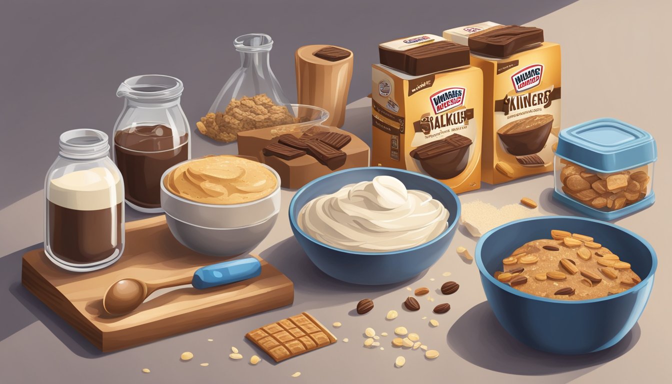 A kitchen counter with a variety of baking ingredients, including Snickers bars, a mixing bowl, and a whisk