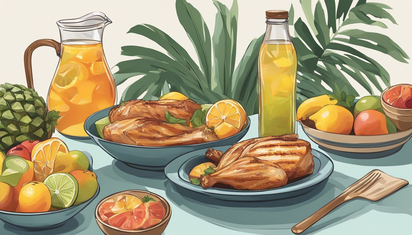 A pitcher of Arizona Iced Tea sits next to a bowl of sliced fruits, a grilling pan, and a bottle of marinade being poured over chicken