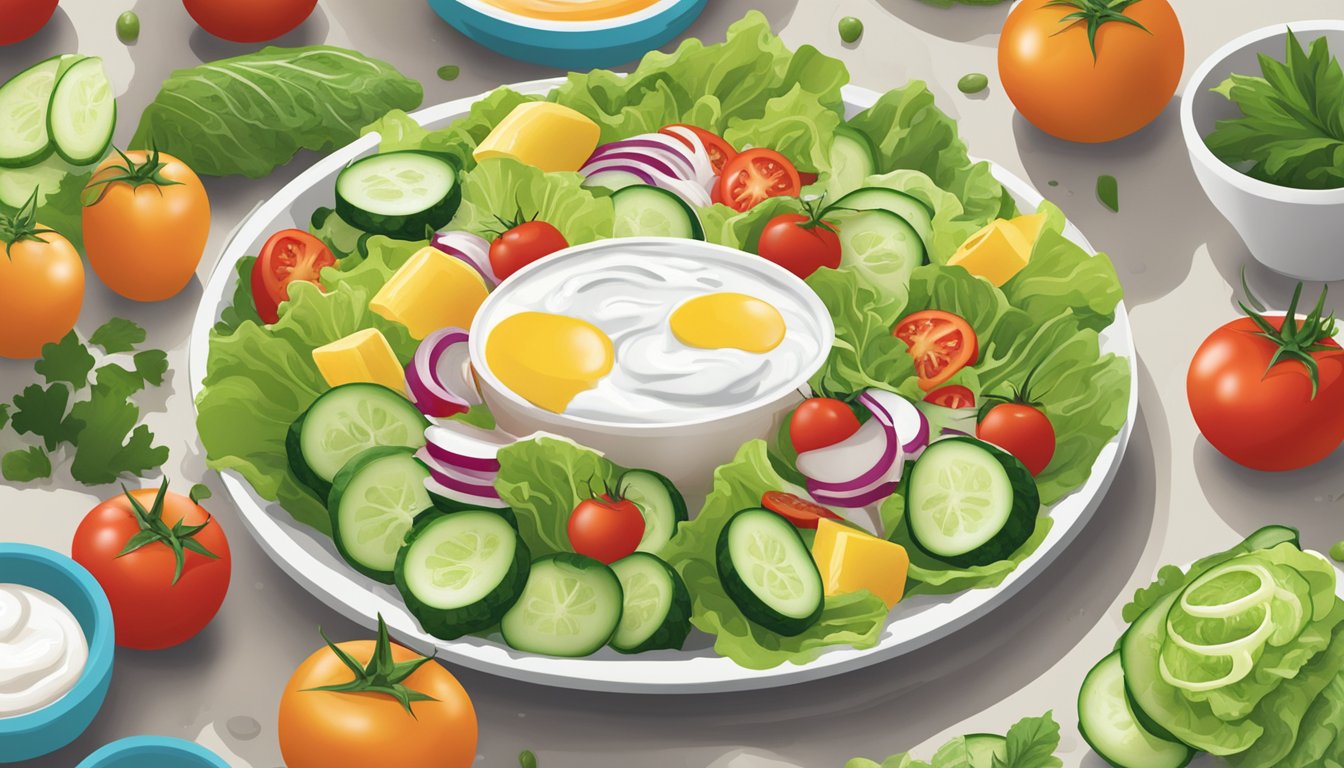 A colorful array of fresh ingredients, including lettuce, tomatoes, and cucumbers, are being drizzled with tangy Miracle Whip dressing