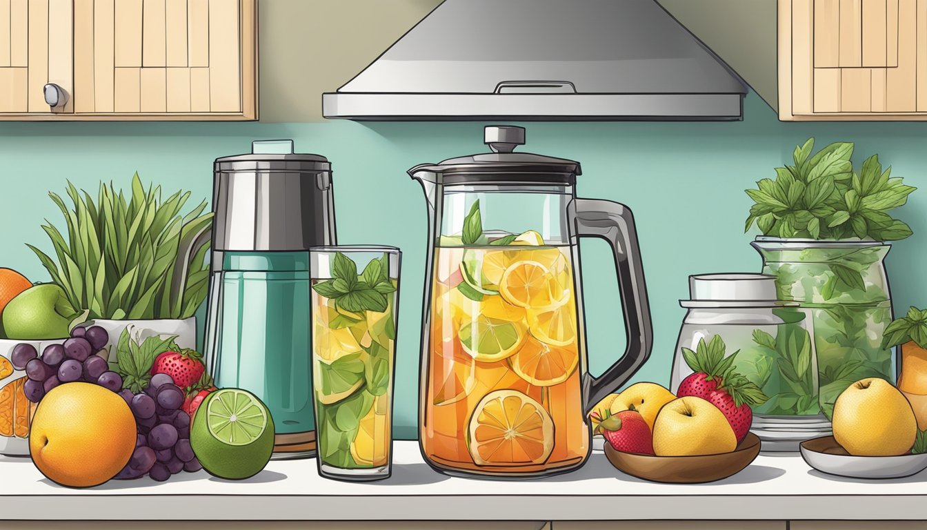 A vibrant kitchen scene with a pitcher of Arizona Iced Tea surrounded by fresh fruits and herbs, ready to be used for marinating