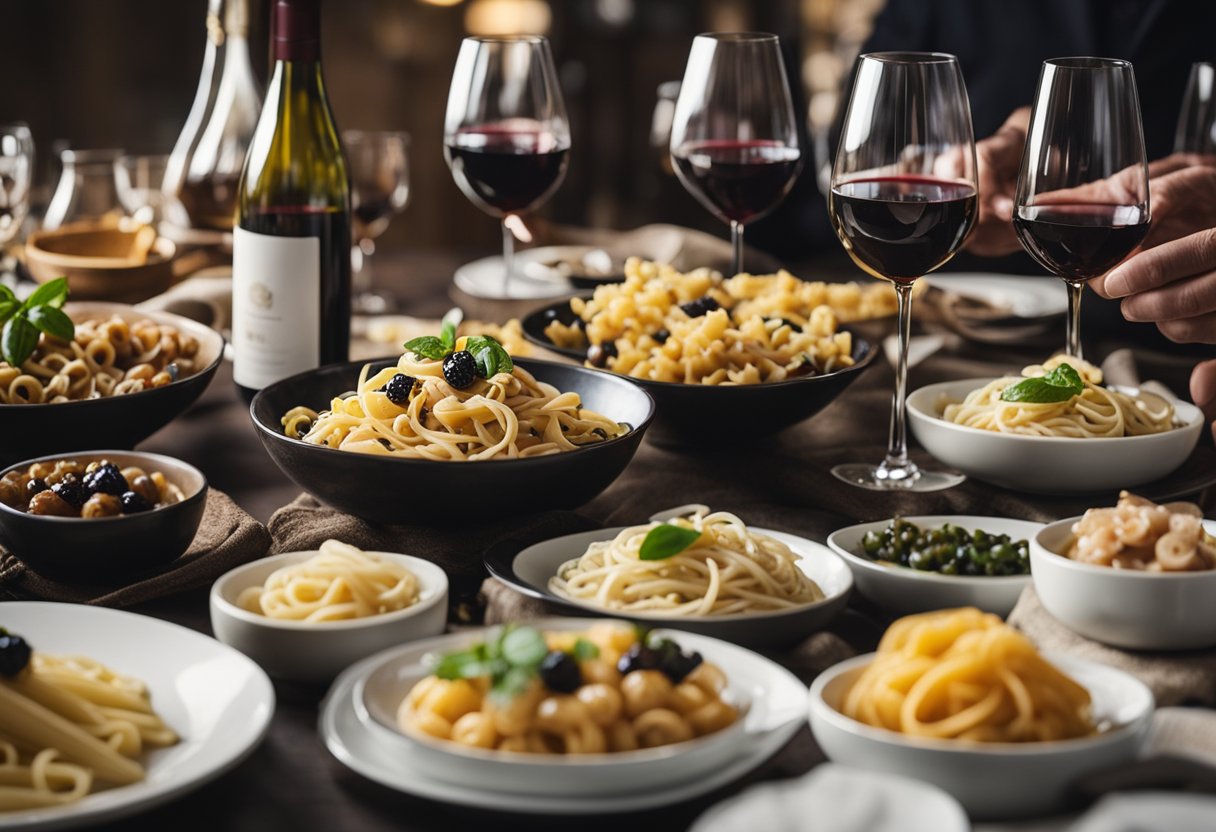 Uma mesa posta com uma variedade de pratos de massa italiana e uma seleção de garrafas de vinho, com um sommelier ou especialista em vinhos fazendo recomendações.