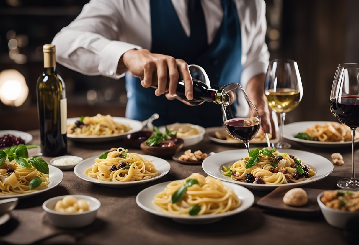 Uma mesa posta com uma variedade de pratos de massa italiana e uma seleção de diferentes vinhos, com um sommelier servindo um copo de vinho para harmonizar com a refeição.