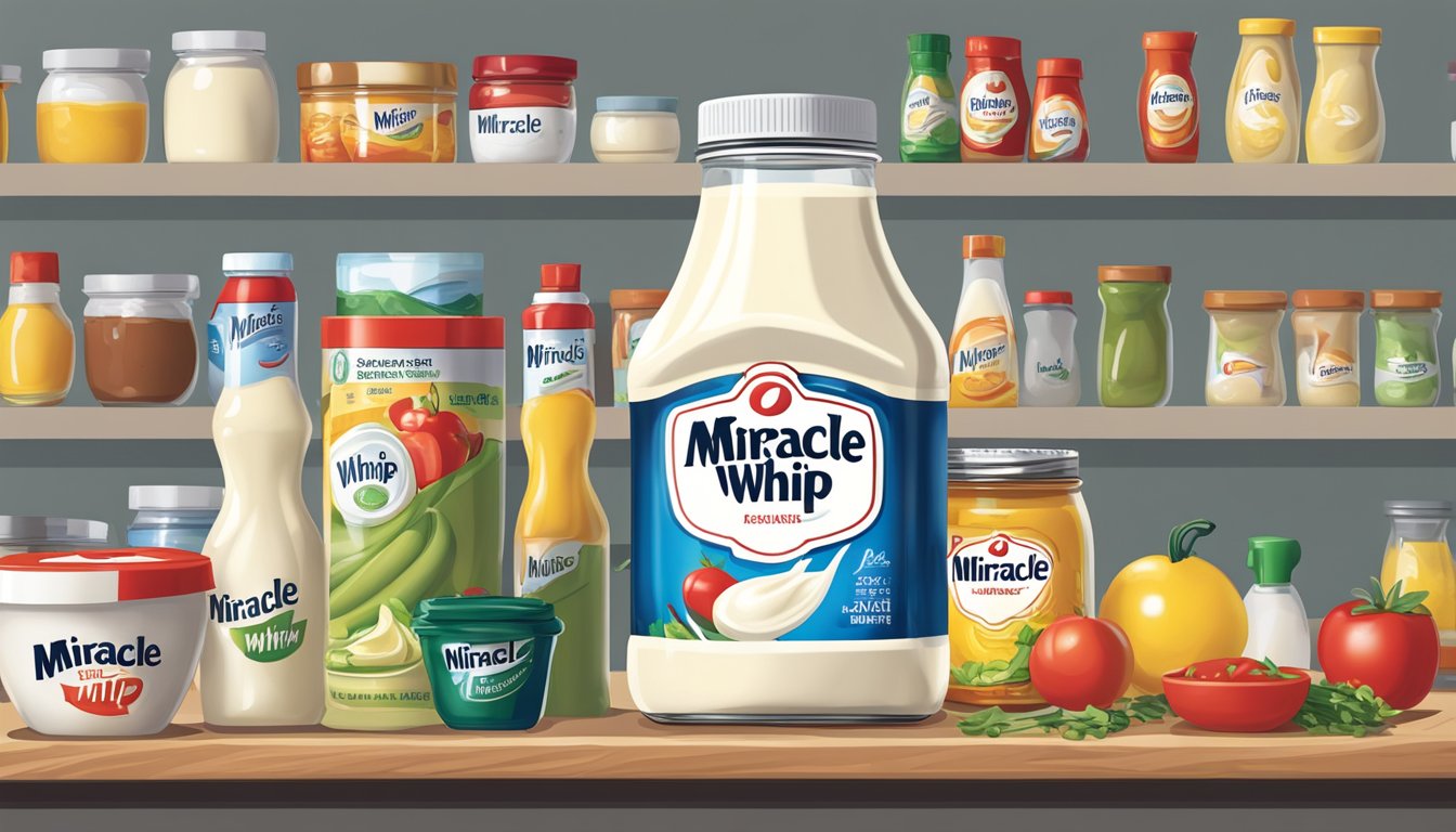 A jar of Miracle Whip sits on a clean, organized shelf next to other condiments. A mixing bowl and whisk are ready for creating tangy dressings