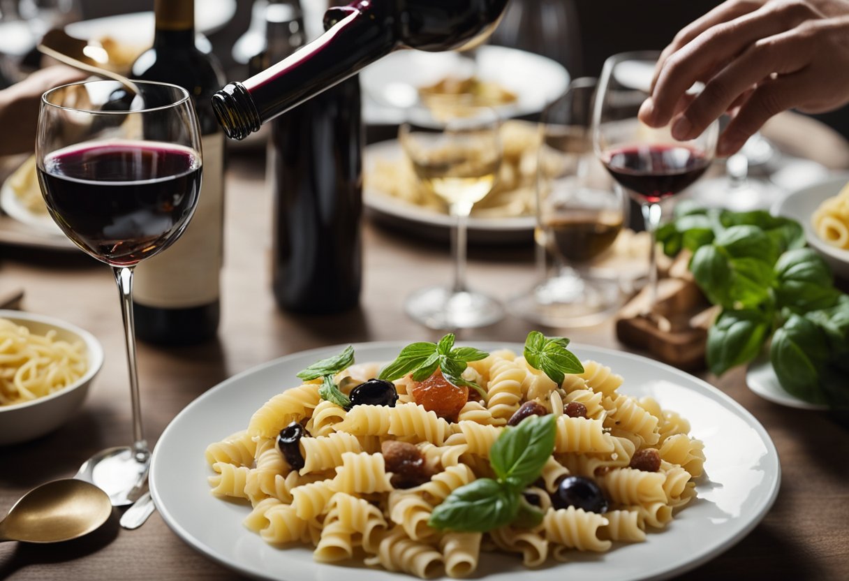 Uma mesa posta com uma variedade de pratos de massa italiana e uma seleção de diferentes garrafas de vinho, com um sommelier servindo um copo de vinho tinto.