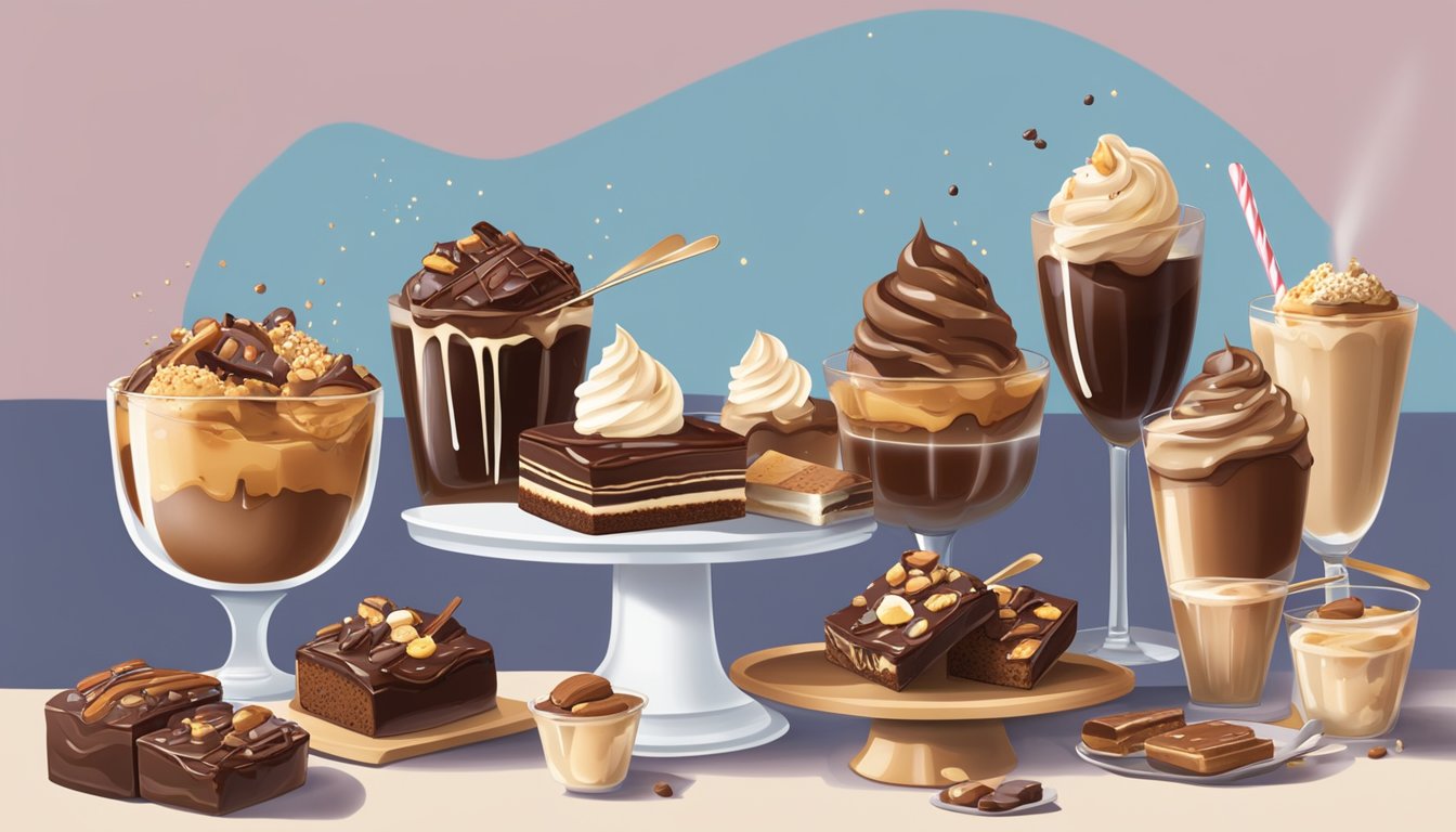 A decadent Snickers-themed dessert spread with various sauces and toppings being drizzled and sprinkled onto ice cream, brownies, and other sweet treats