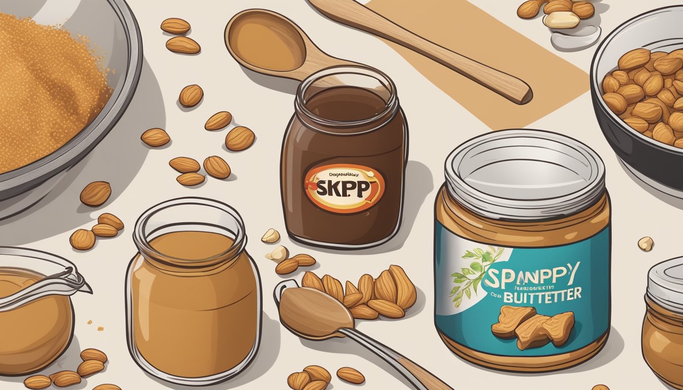 A jar of Skippy peanut butter surrounded by ingredients like soy sauce, garlic, and chili flakes, with a saucepan and wooden spoon nearby